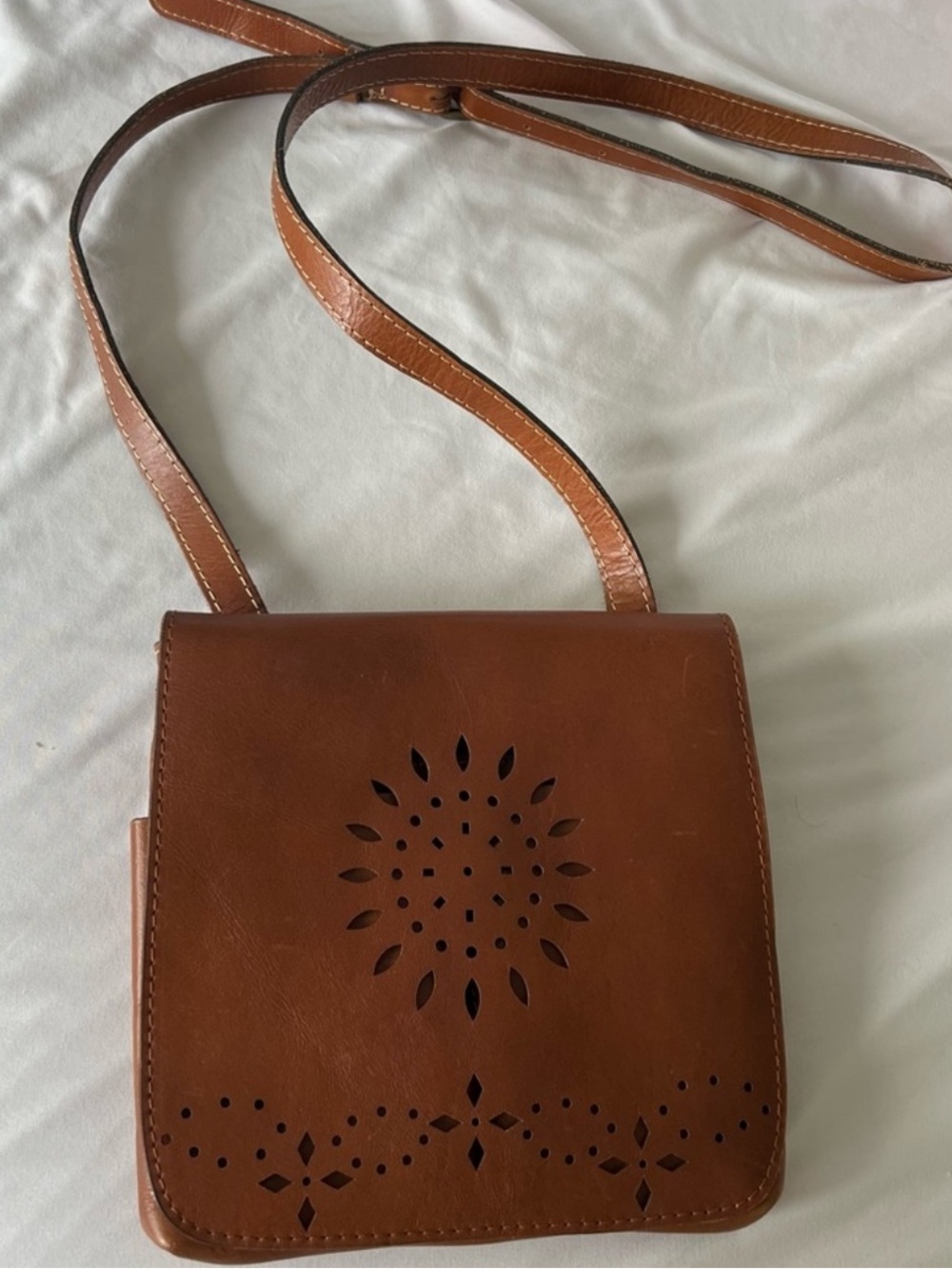 Brown Leather Crossbody Bag with Laser-Cut Pattern
